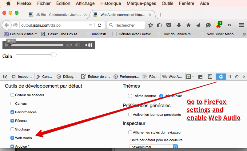 Enable Web Audio debug in FireFox