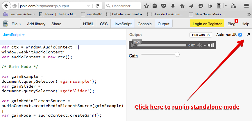 How to go in JsBin standalone mode: click the black arrow on top right of the output tab