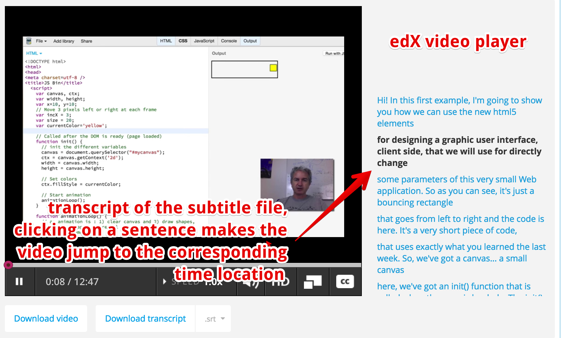Example 1: a video player with clickable transcript on the side – HTML game