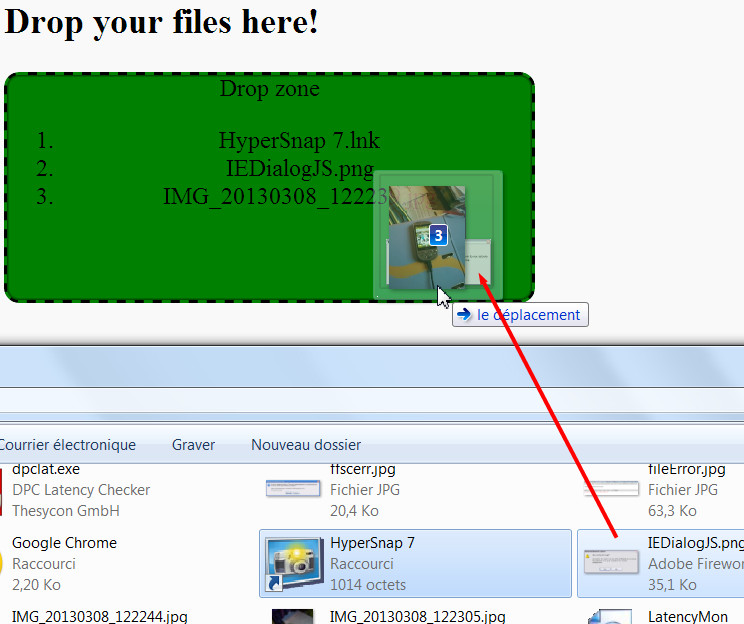 Drag and drop files in a drop zone example HTML game
