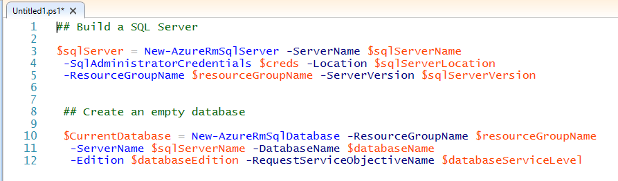 Fragmento de código do Azure PowerShell mostrando a criação de um SQL Server e de um Banco de Dados SQL do Azure vazio.
