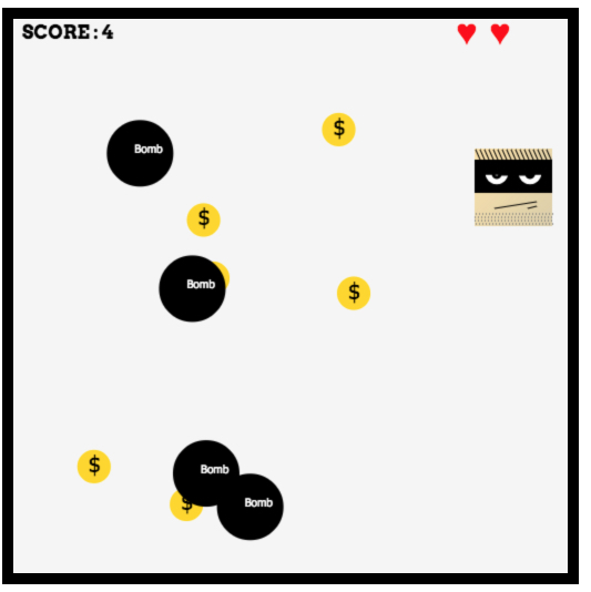 The game running, monster with black bombs and gold coins