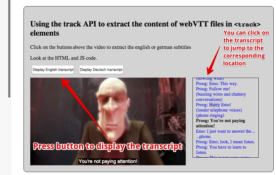 video player with clickable transcript