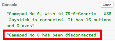gamepad disconnected, screenshot from jsbin console