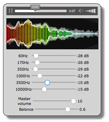 Previous example with a master volume (gain node) and the equalizer + a stereoPanner node
