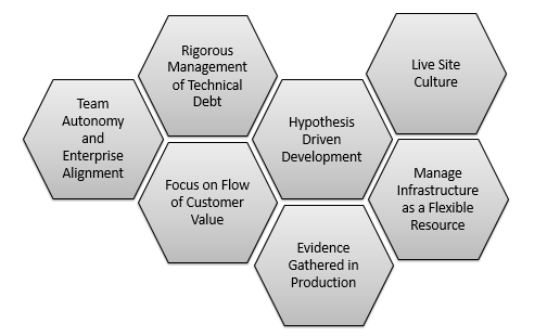 Screenshot of 7 hexagons, all grouped together. Text in the hexagons are as follows: Test Autonomy and Enterprise Alignment; Rigorous Management of Technical Debt; Focus on Flow of Customer Value; Hypothesis Driven Development; Evidence Gathered in Production; Live Site Culture; Manage Infrastructure as a Flexible Resource.